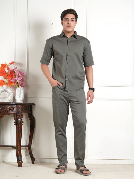Grey Cotton Collared Shirt and All Day Trouser Co-ord Set For Men