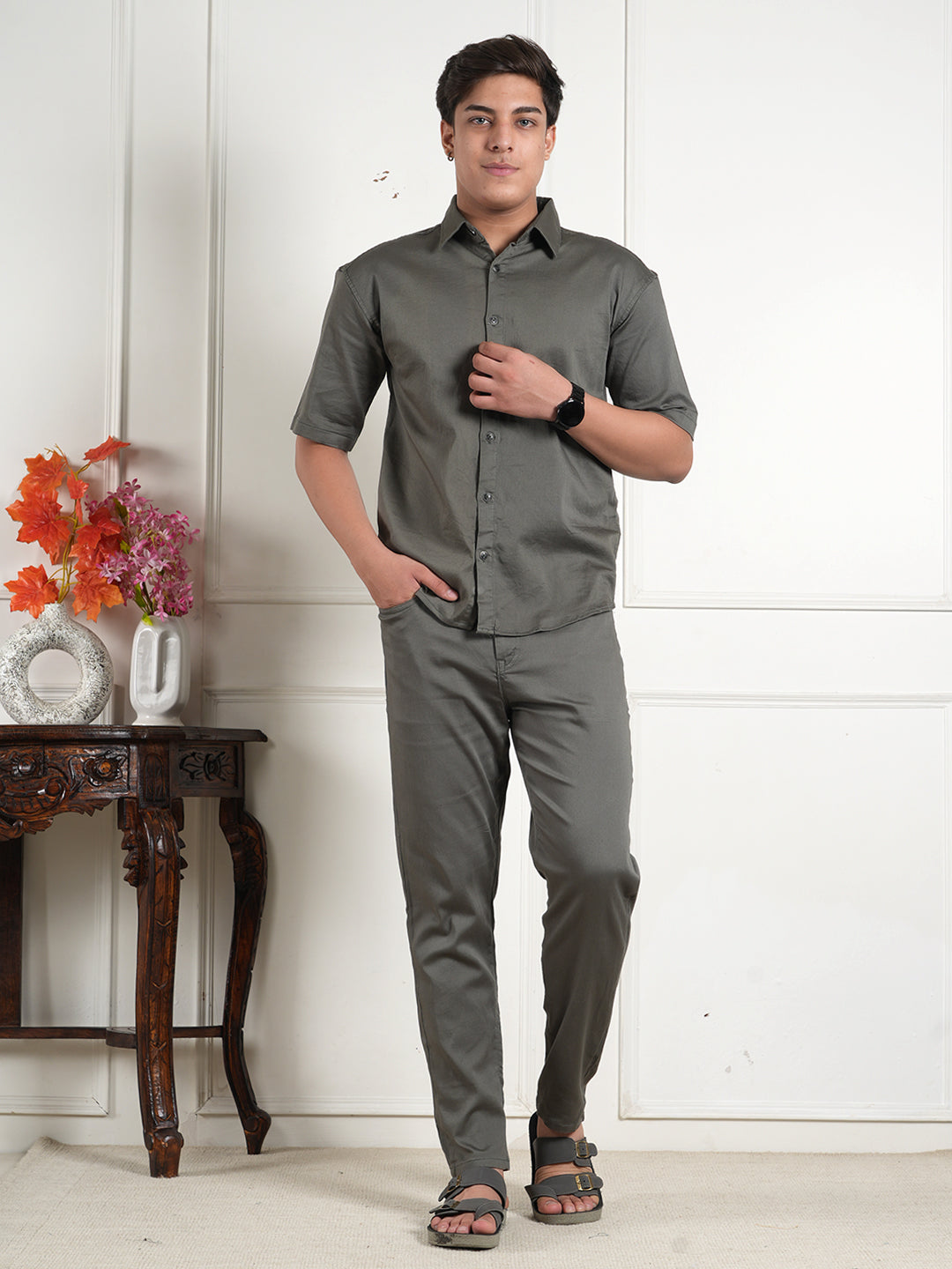 Grey Cotton Collared Shirt and All Day Trouser Co-ord Set For Men