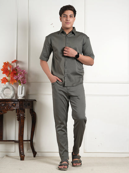 Grey Cotton Collared Shirt and All Day Trouser Co-ord Set For Men