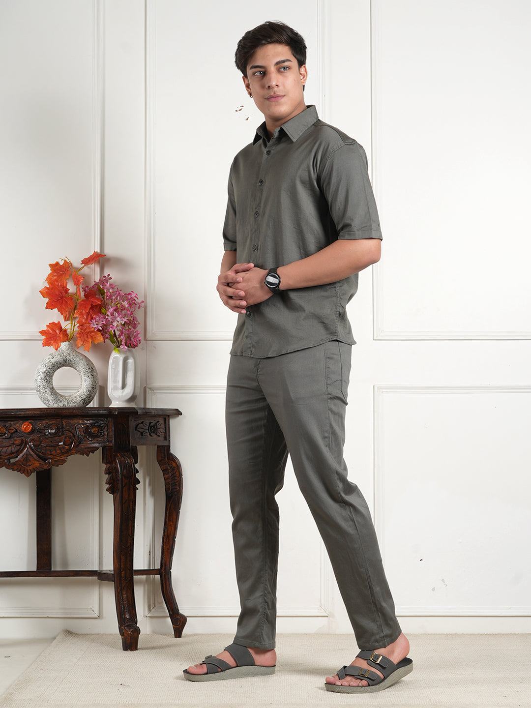 Grey Cotton Collared Shirt and All Day Trouser Co-ord Set For Men