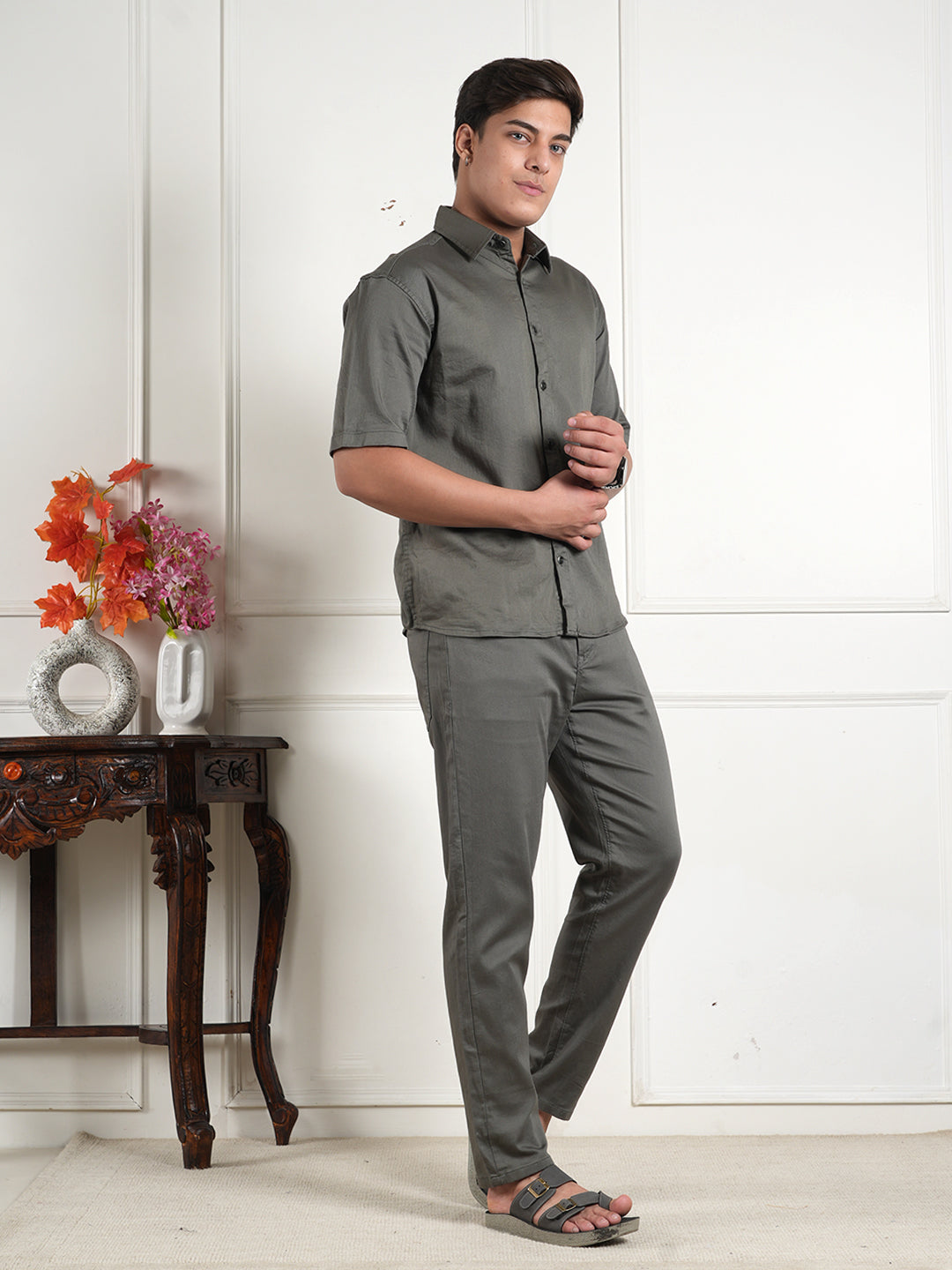 Grey Cotton Collared Shirt and All Day Trouser Co-ord Set For Men