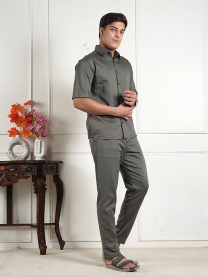 Grey Cotton Collared Shirt and All Day Trouser Co-ord Set For Men