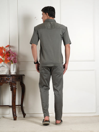 Grey Cotton Collared Shirt and All Day Trouser Co-ord Set For Men