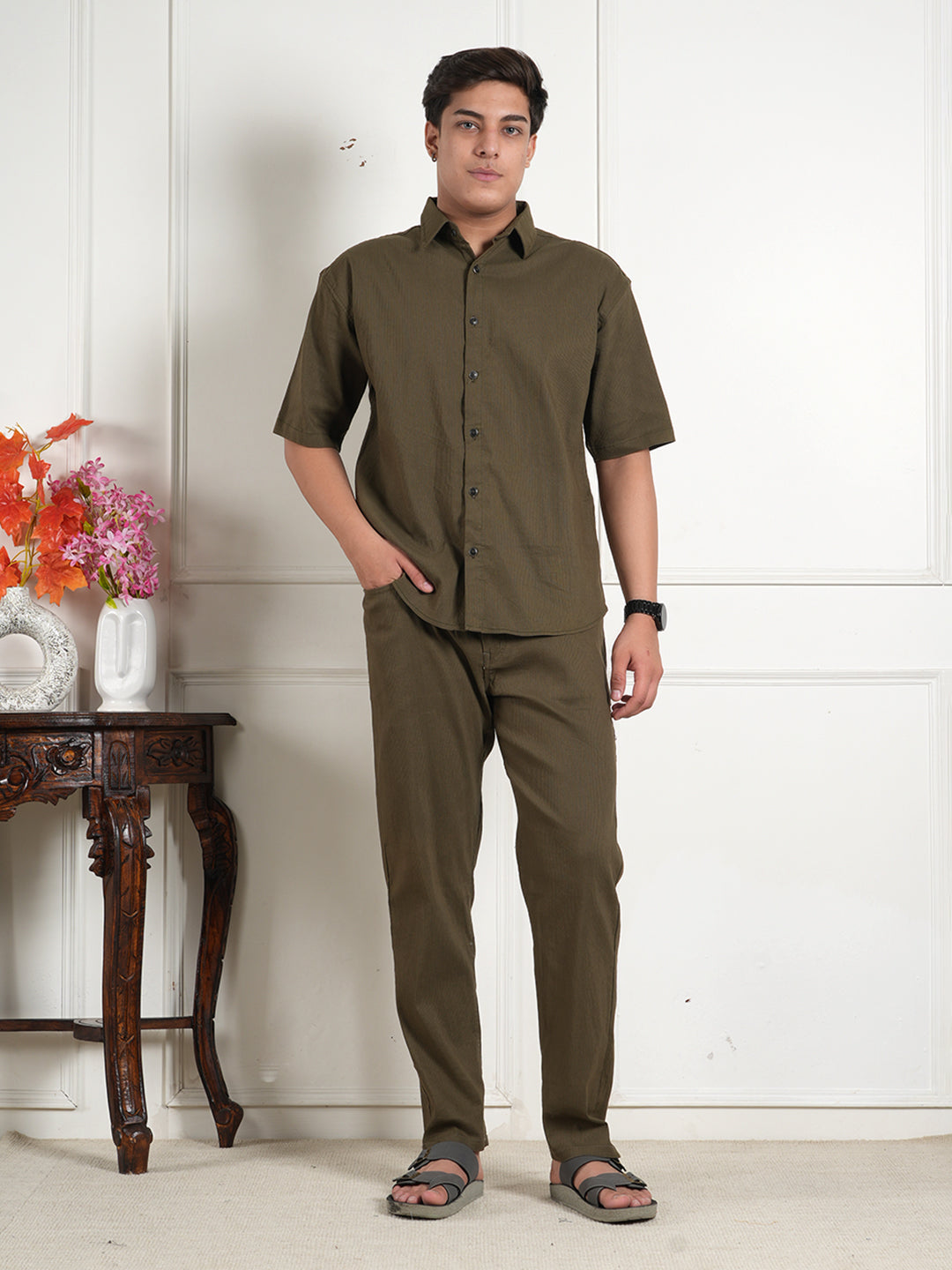 Olive Green Cotton Blend Collared Shirt and All Day Trouser Co-ord Set For Men