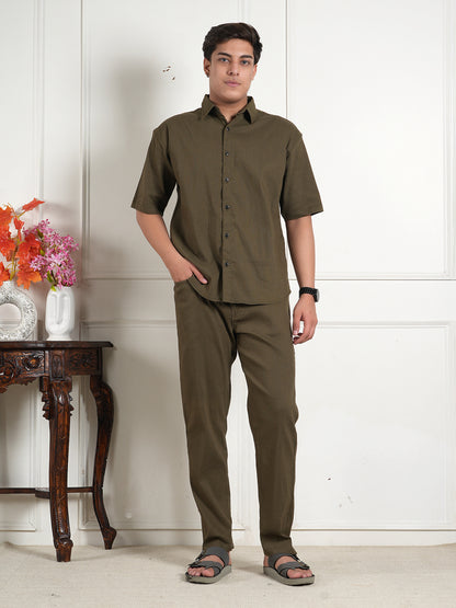 Olive Green Cotton Blend Collared Shirt and All Day Trouser Co-ord Set For Men