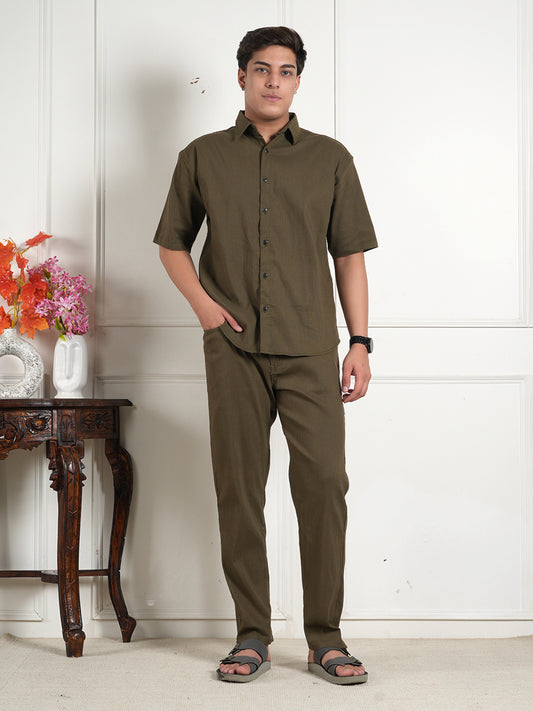 Olive Green Cotton Blend Collared Shirt and All Day Trouser Co-ord Set For Men
