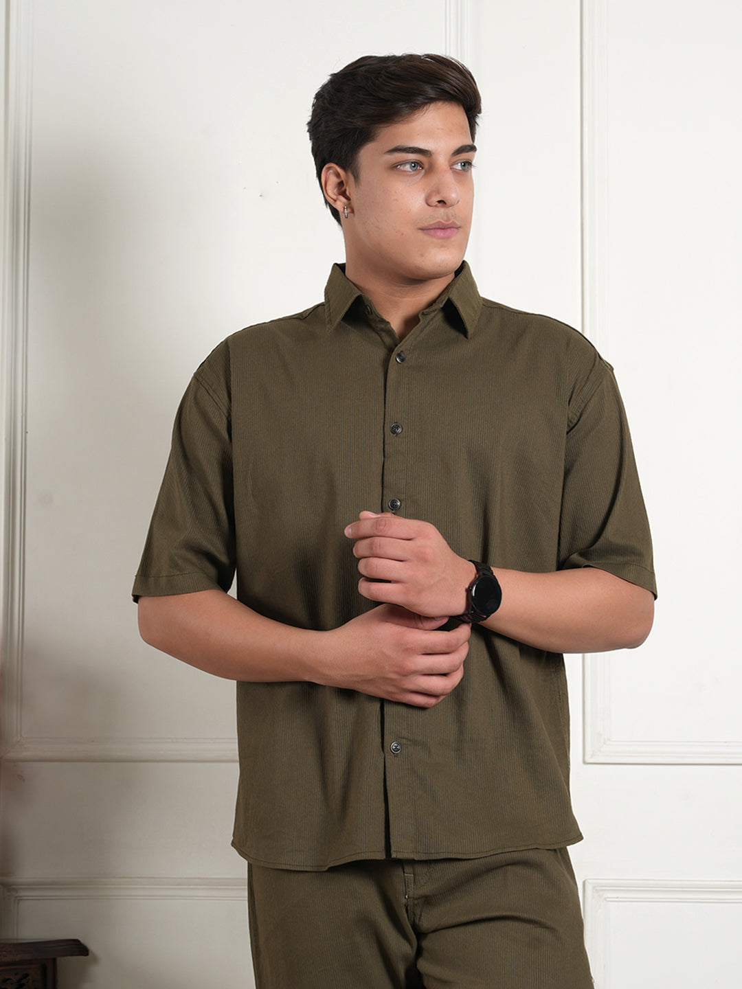 Olive Green Cotton Blend Collared Shirt and All Day Trouser Co-ord Set For Men