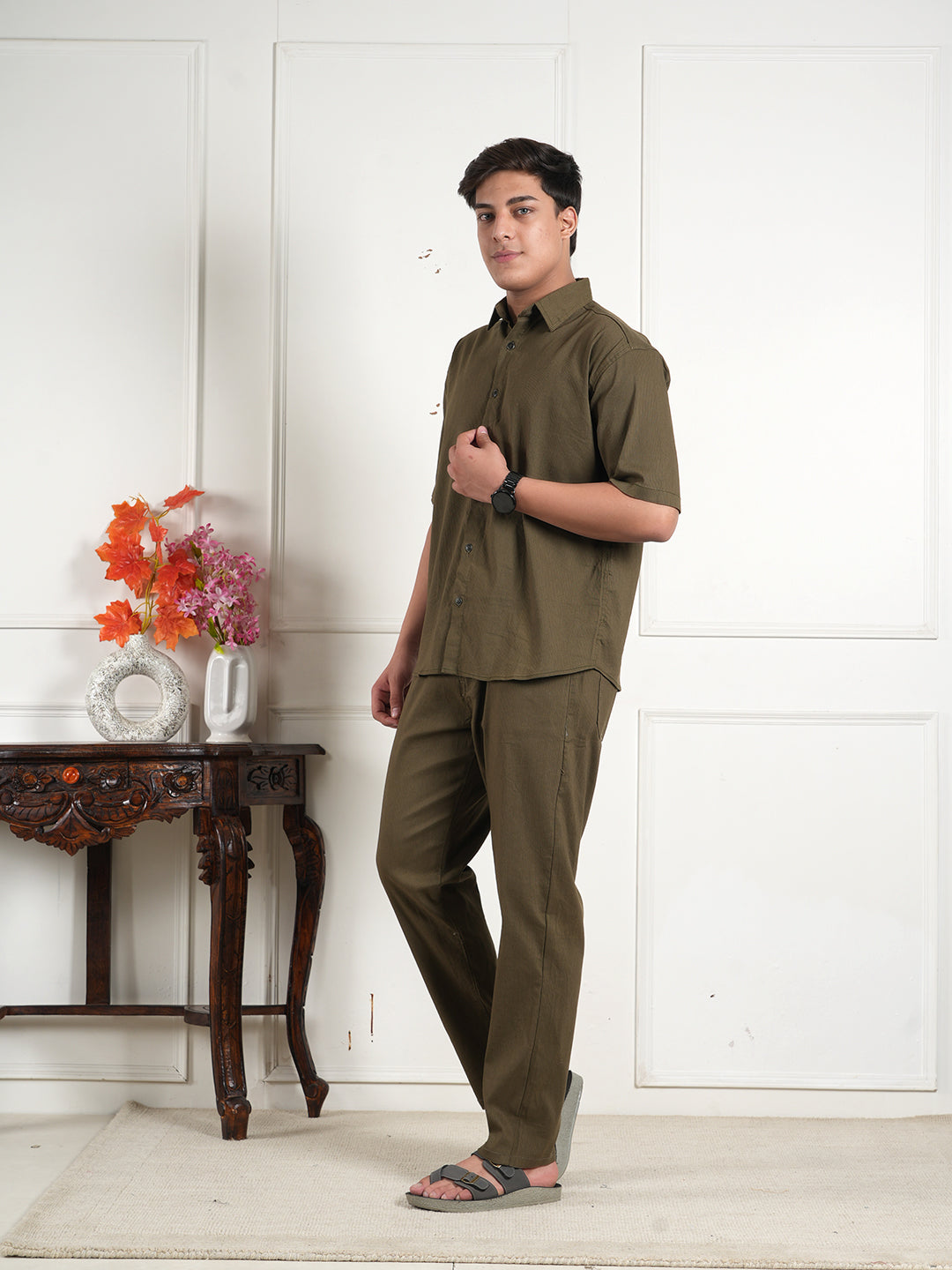 Olive Green Cotton Blend Collared Shirt and All Day Trouser Co-ord Set For Men