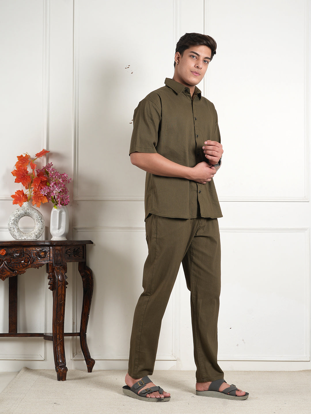 Olive Green Cotton Blend Collared Shirt and All Day Trouser Co-ord Set For Men