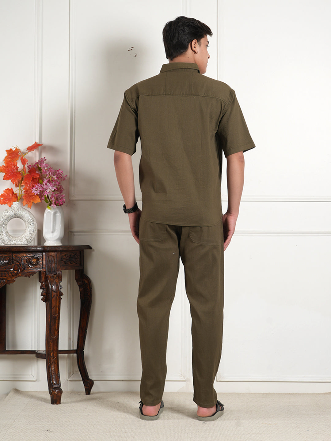 Olive Green Cotton Blend Collared Shirt and All Day Trouser Co-ord Set For Men