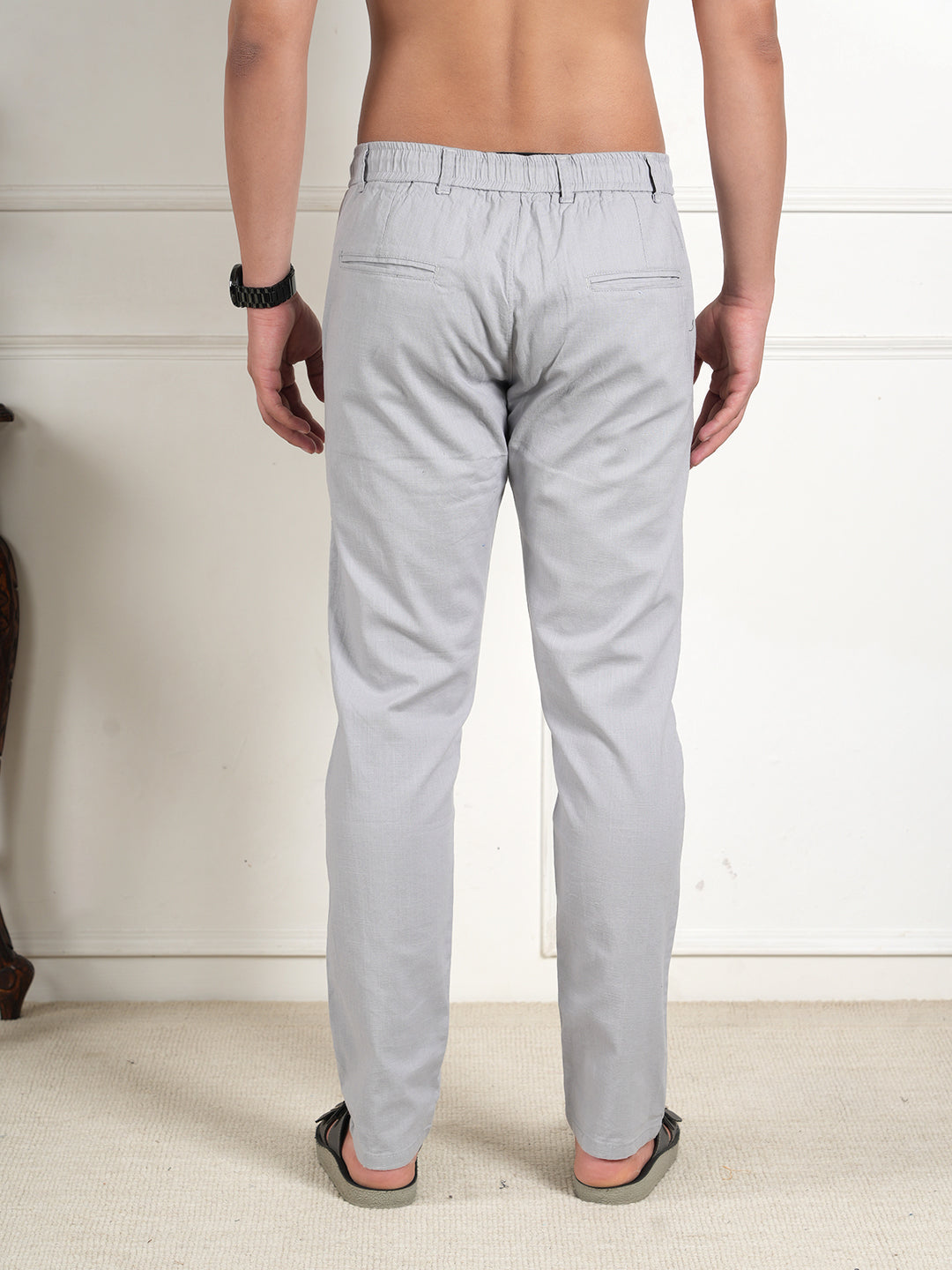 Men Relaxed Straight Leg High-Rise Easy Wash Grey Linen Trousers
