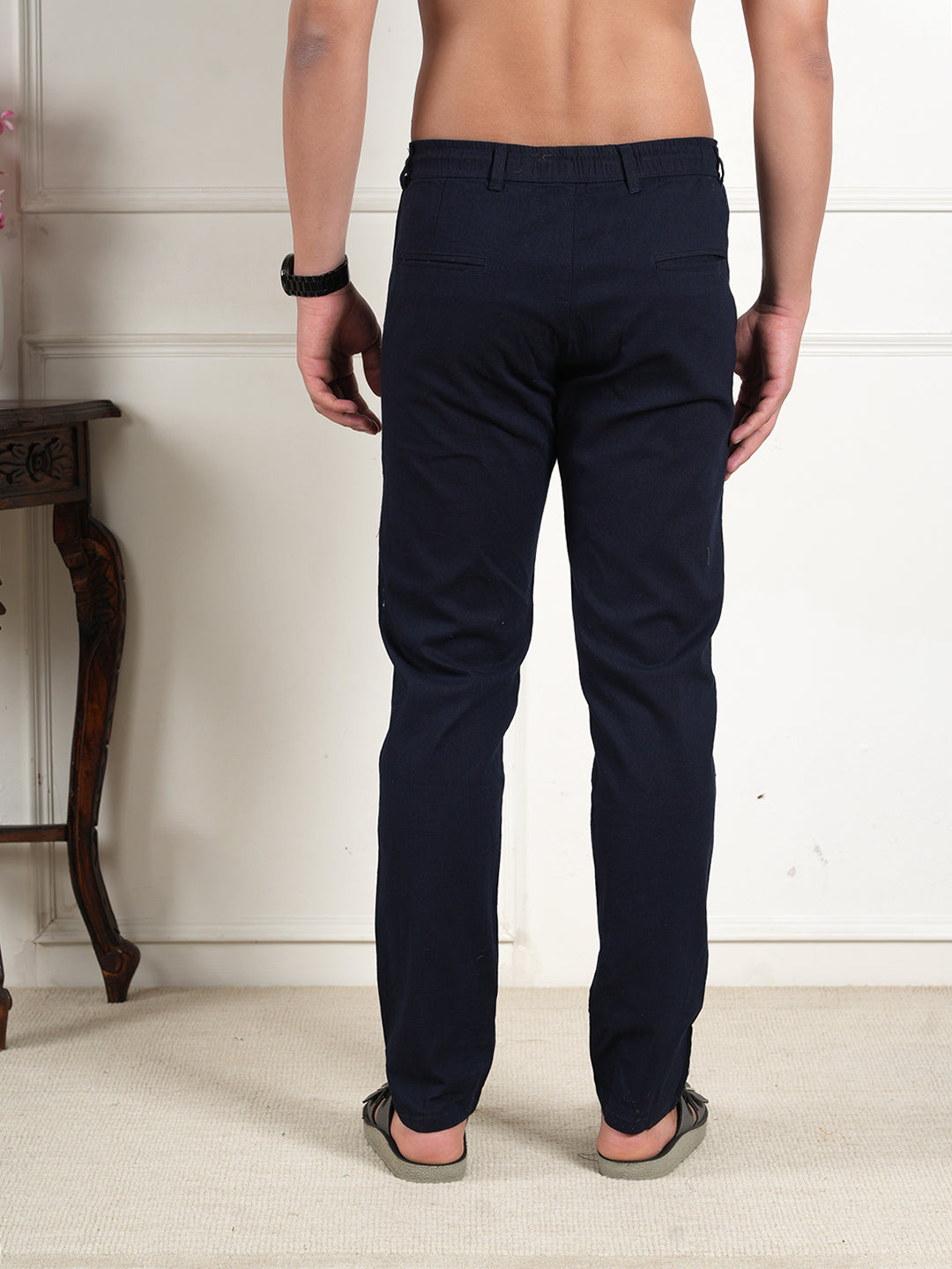 Men Relaxed Straight Leg High-Rise Easy Wash Navy Blue Linen Trousers