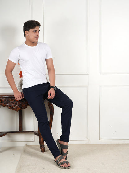 Men Relaxed Straight Leg High-Rise Easy Wash Navy Blue Linen Trousers