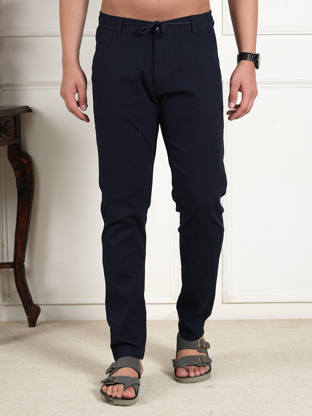 Men Relaxed Straight Leg High-Rise Easy Wash Navy Blue Linen Trousers