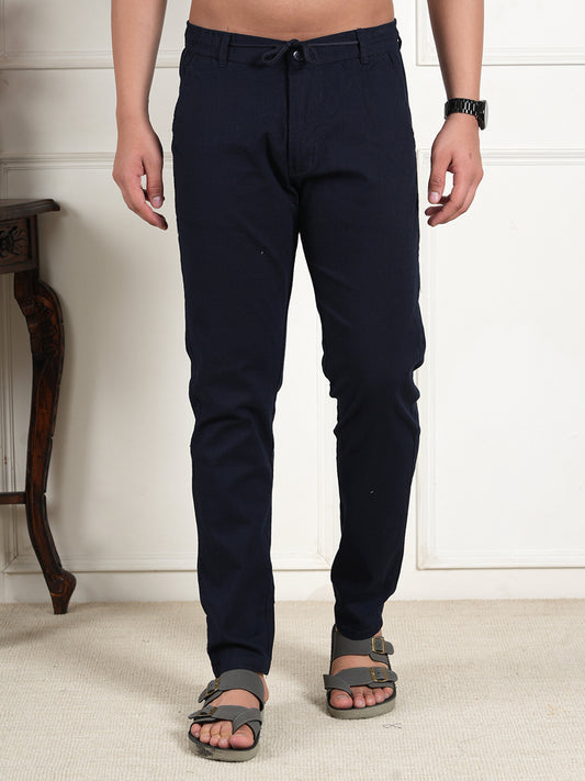 Men Relaxed Straight Leg High-Rise Easy Wash Navy Blue Linen Trousers