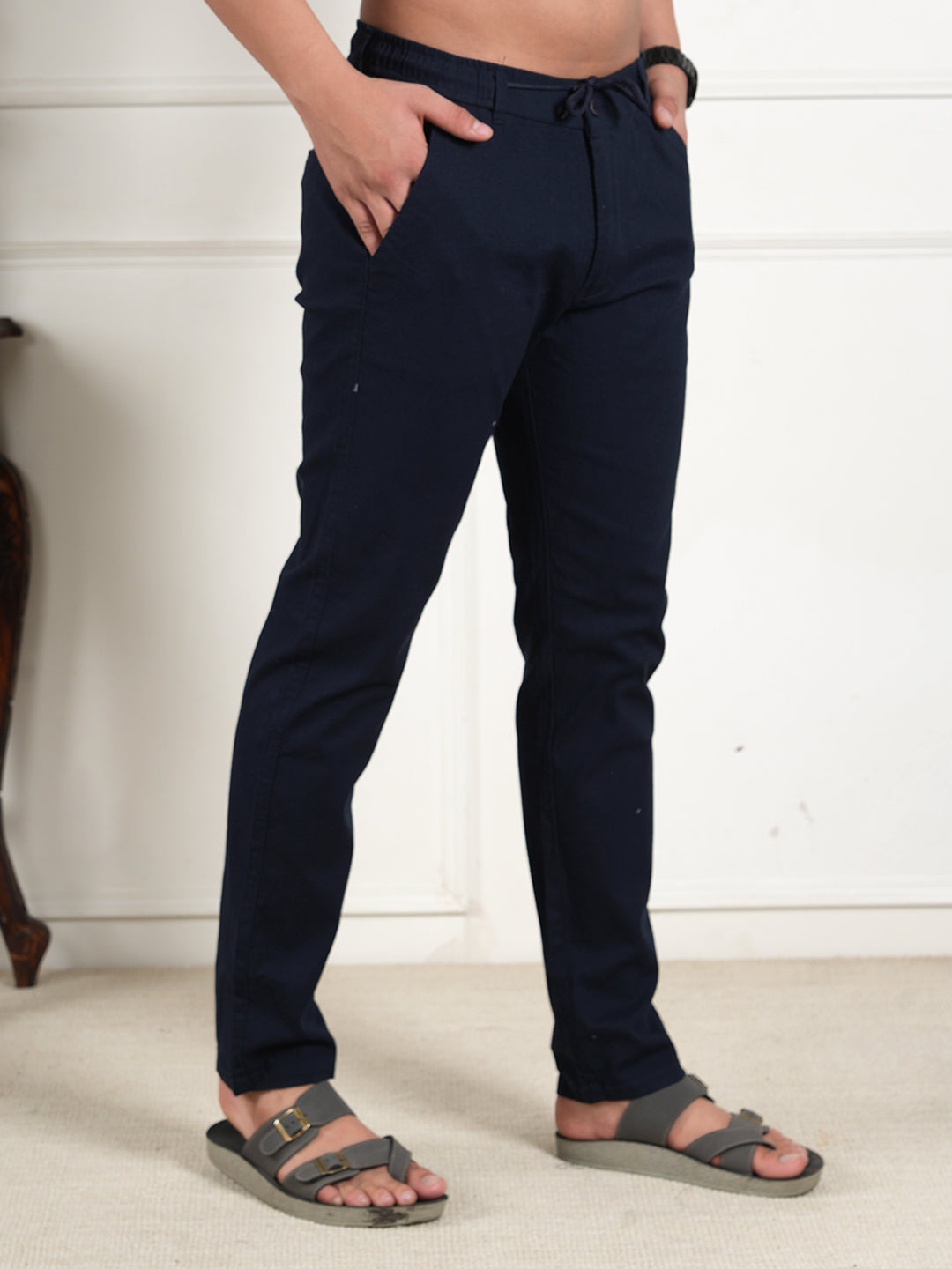 Men Relaxed Straight Leg High-Rise Easy Wash Navy Blue Linen Trousers