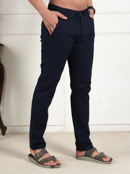 Men Relaxed Straight Leg High-Rise Easy Wash Navy Blue Linen Trousers