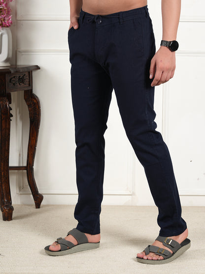 Men Relaxed Straight Leg High-Rise Easy Wash Navy Blue Linen Trousers