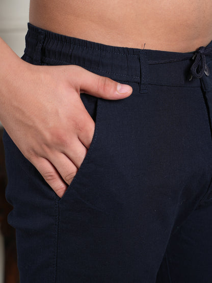Men Relaxed Straight Leg High-Rise Easy Wash Navy Blue Linen Trousers