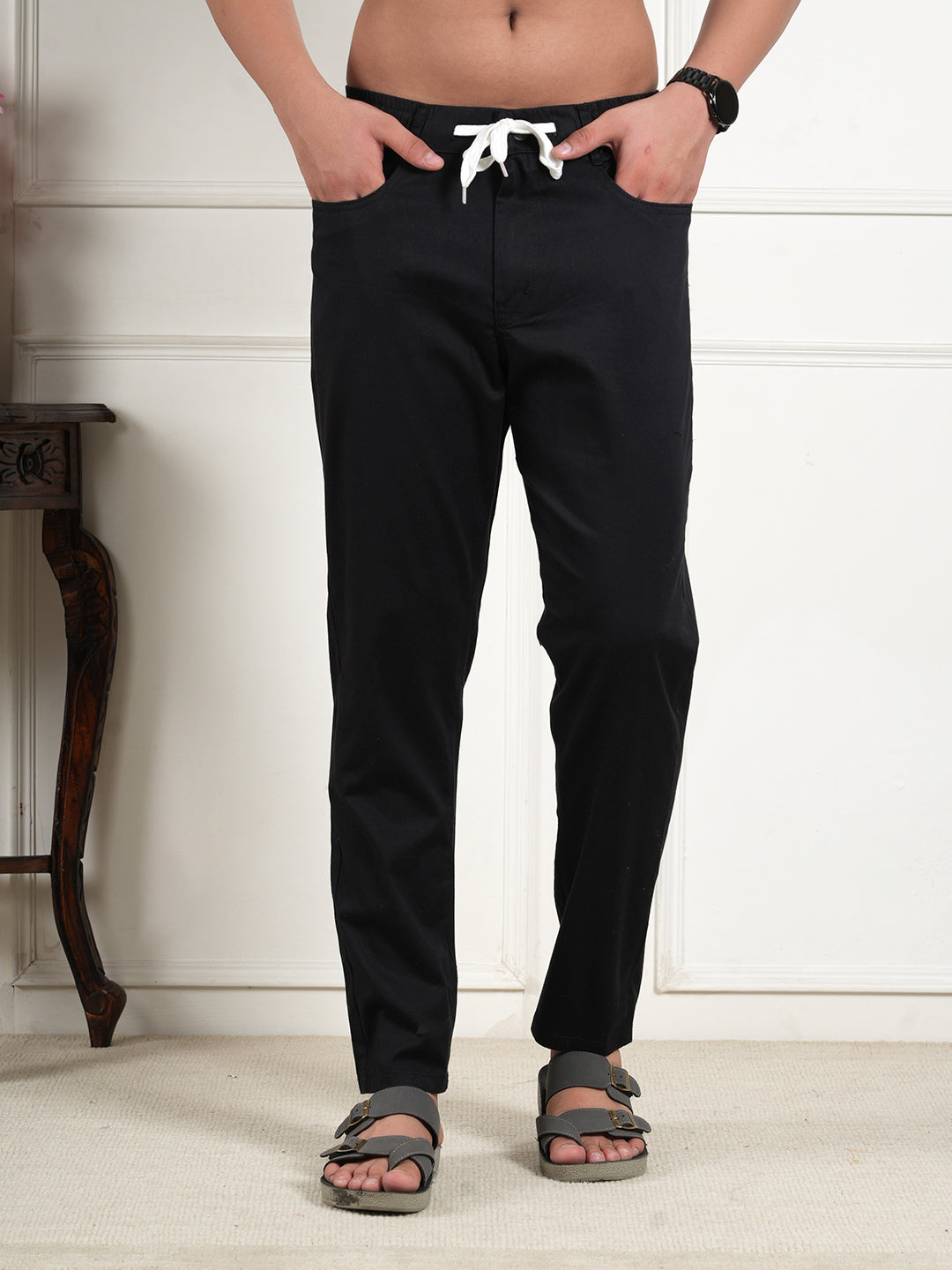 Men Relaxed Straight Leg High-Rise Easy Wash Black Linen Trousers
