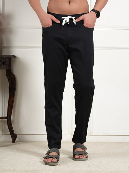Men Relaxed Straight Leg High-Rise Easy Wash Black Linen Trousers