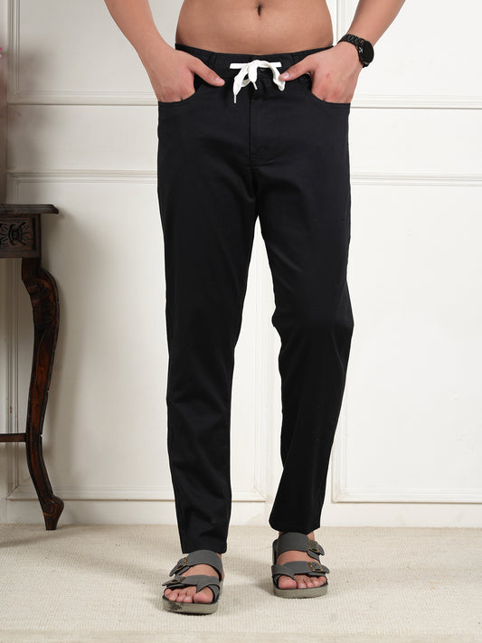 Men Relaxed Straight Leg High-Rise Easy Wash Black Linen Trousers