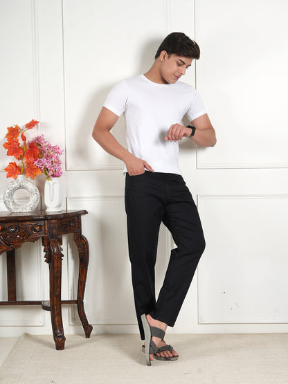 Men Relaxed Straight Leg High-Rise Easy Wash Black Linen Trousers