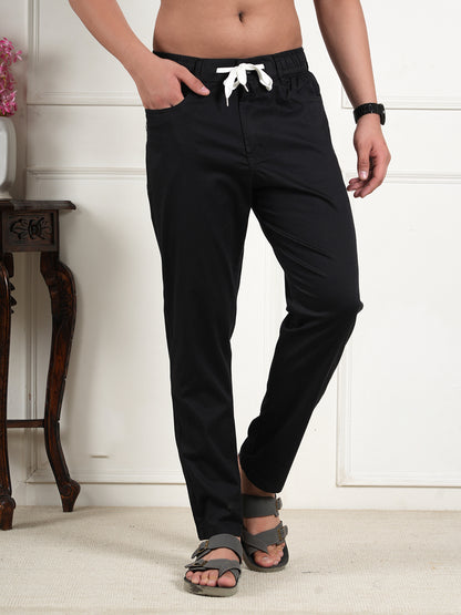 Men Relaxed Straight Leg High-Rise Easy Wash Black Linen Trousers
