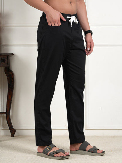 Men Relaxed Straight Leg High-Rise Easy Wash Black Linen Trousers