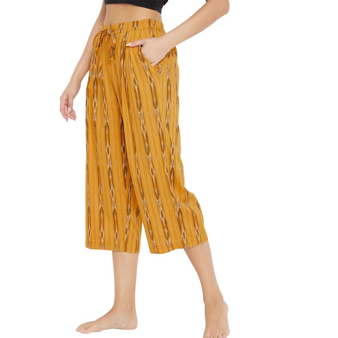STYLE SHOES Yellow Ikkat Rayon Regular Fit Pyjama/Lounge Pant for Women