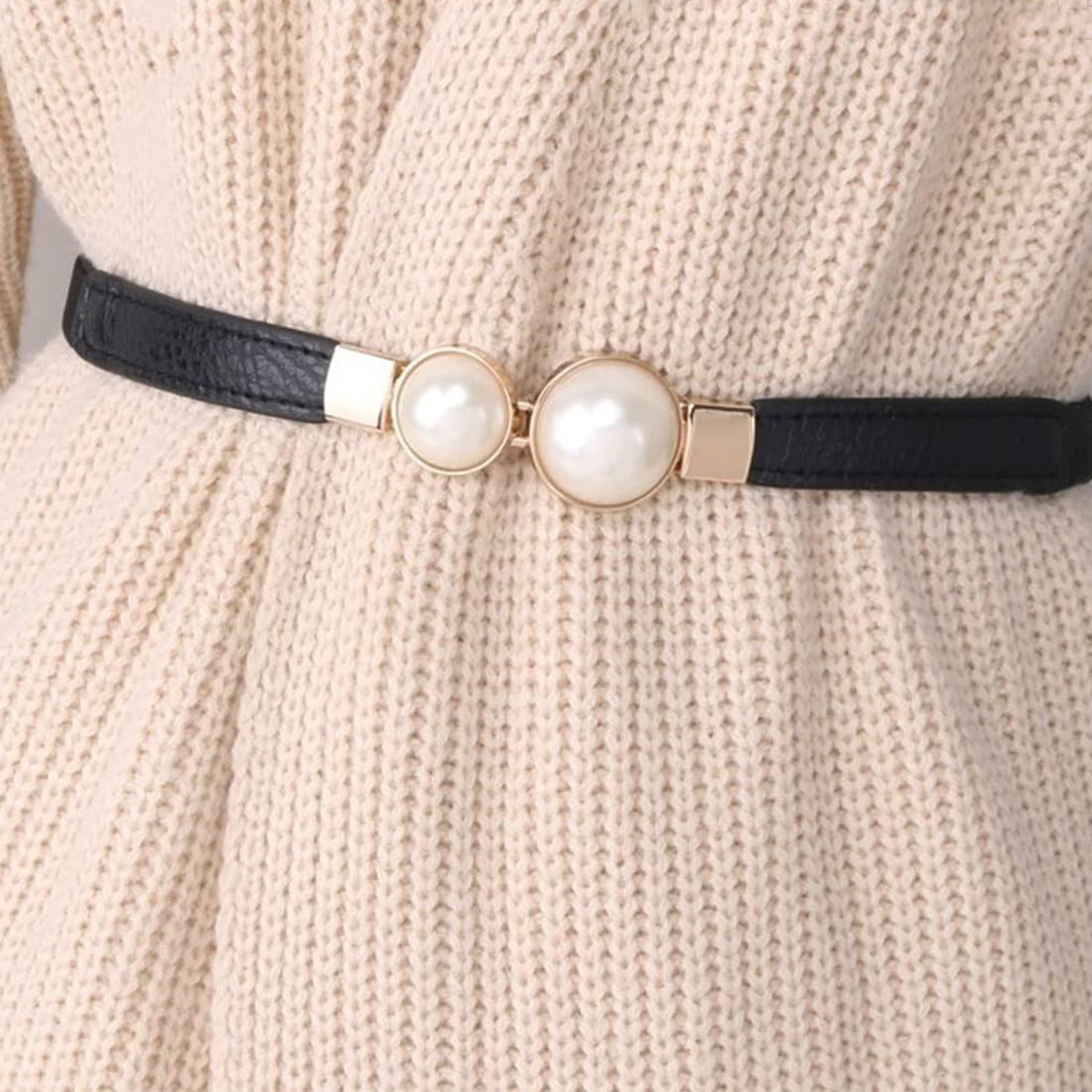 Style Shoes Black Freesize Stretchable Dress Belt with Pearl Accent Closure For Women and Girls