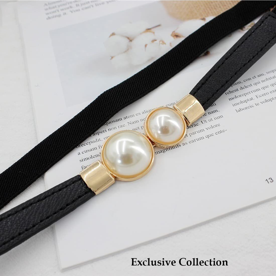 Style Shoes Black Freesize Stretchable Dress Belt with Pearl Accent Closure For Women and Girls